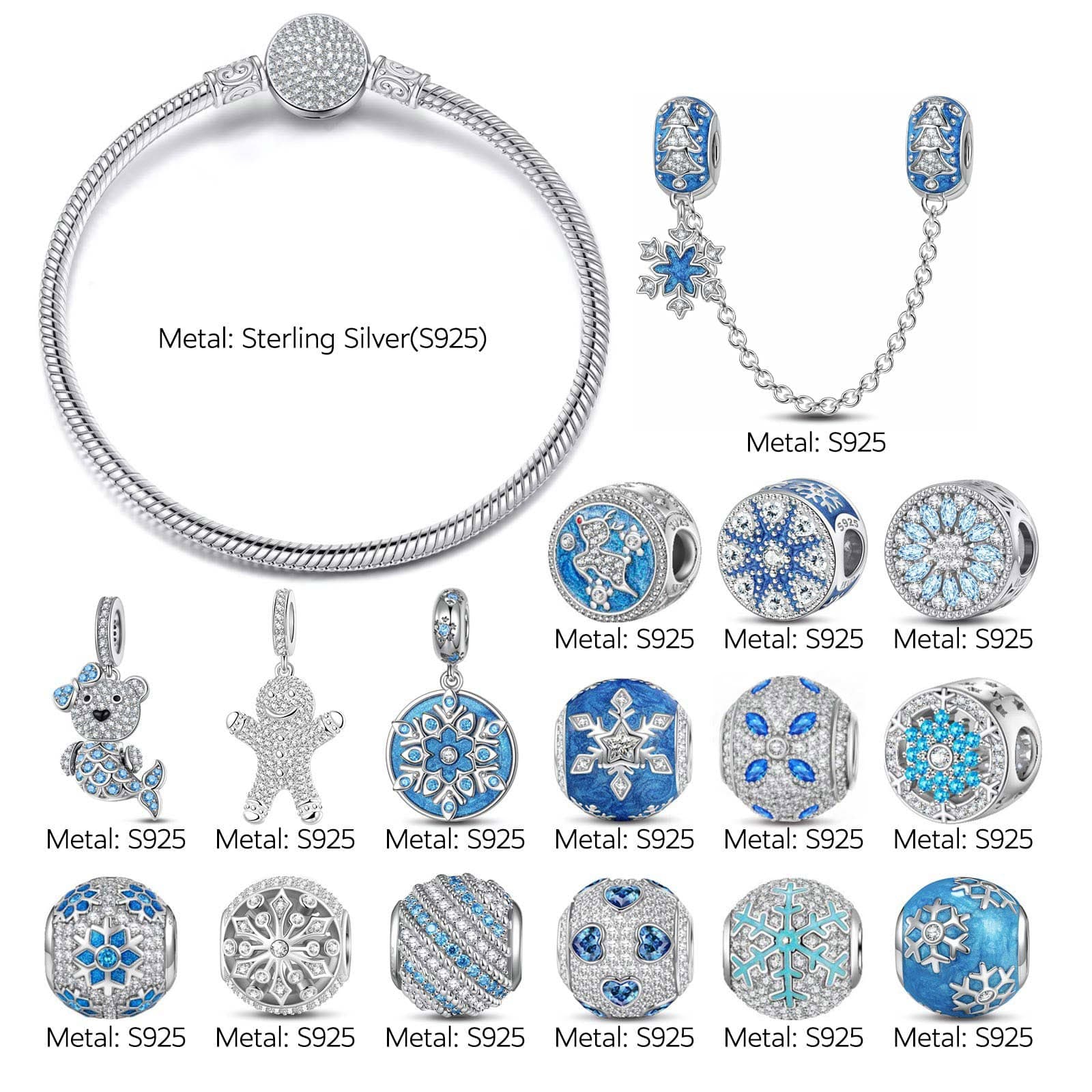 Sterling Silver Snow Queen's Delight Charms Bracelet Set With Enamel In White Gold Plated (Includes bracelet and all charms shown) - Image 2