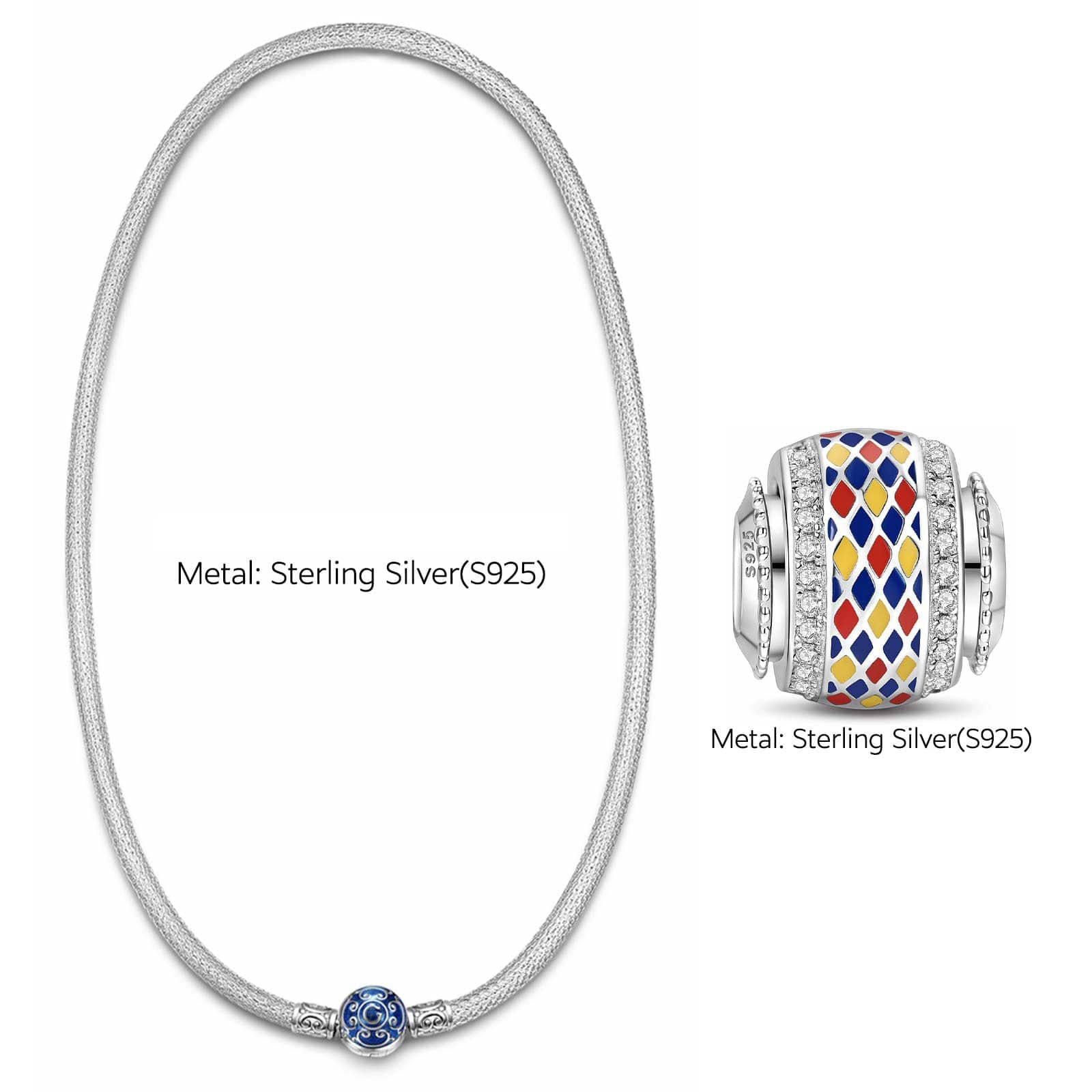 Sterling Silver Stained Glass Window Charms Necklace Set With Enamel In White Gold Plated - Image 2