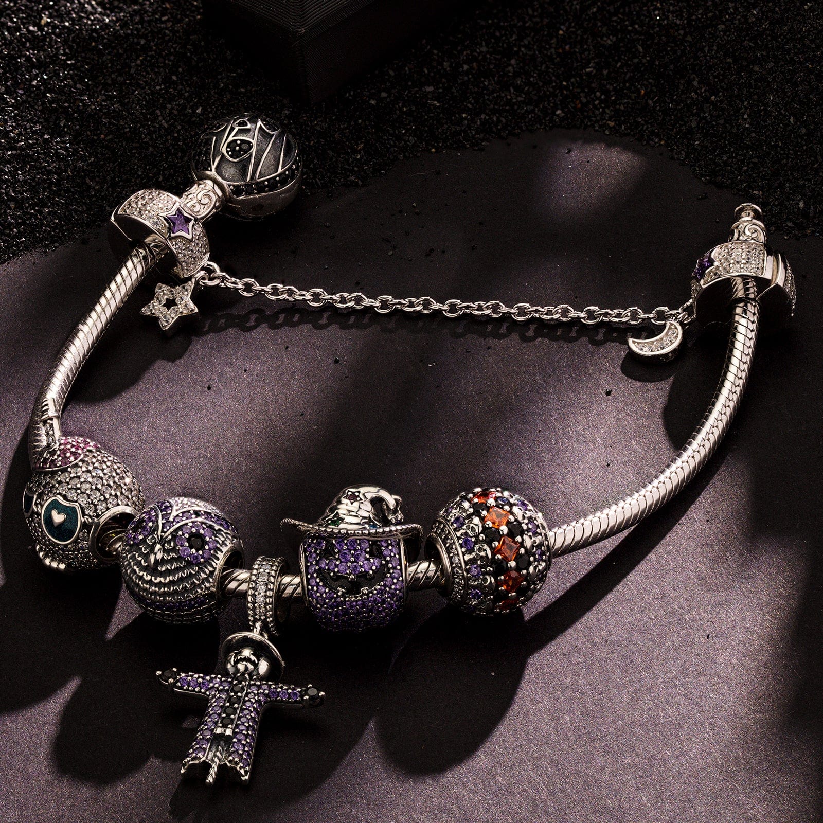 Sterling Silver Spooky Western Charms Bracelet Set With Enamel In White Gold Plated (Includes bracelet and all charms shown) - Image 3