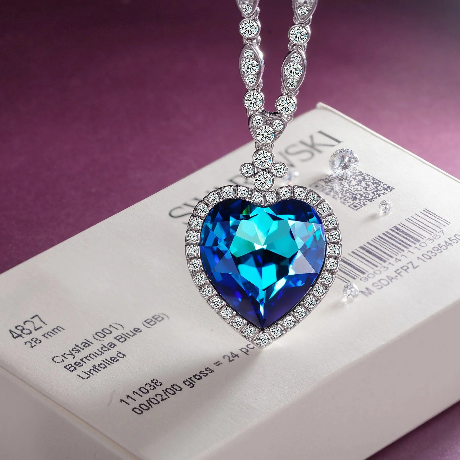 Heart of Sapphire Blue Swarovski® Crystal Sweater Necklace - White Gold Plated - Image 4