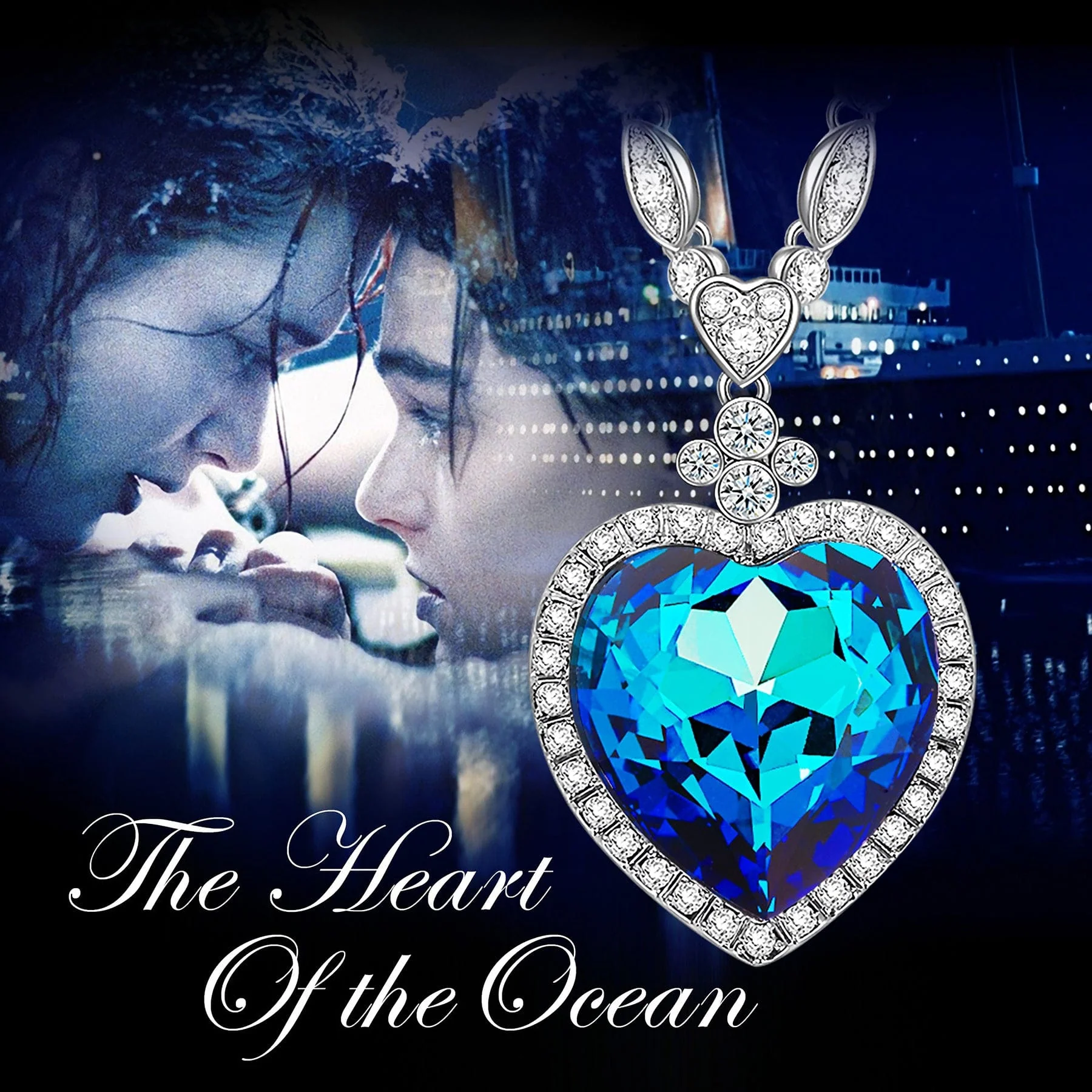 Heart of Sapphire Blue Swarovski® Crystal Sweater Necklace - White Gold Plated - Image 6